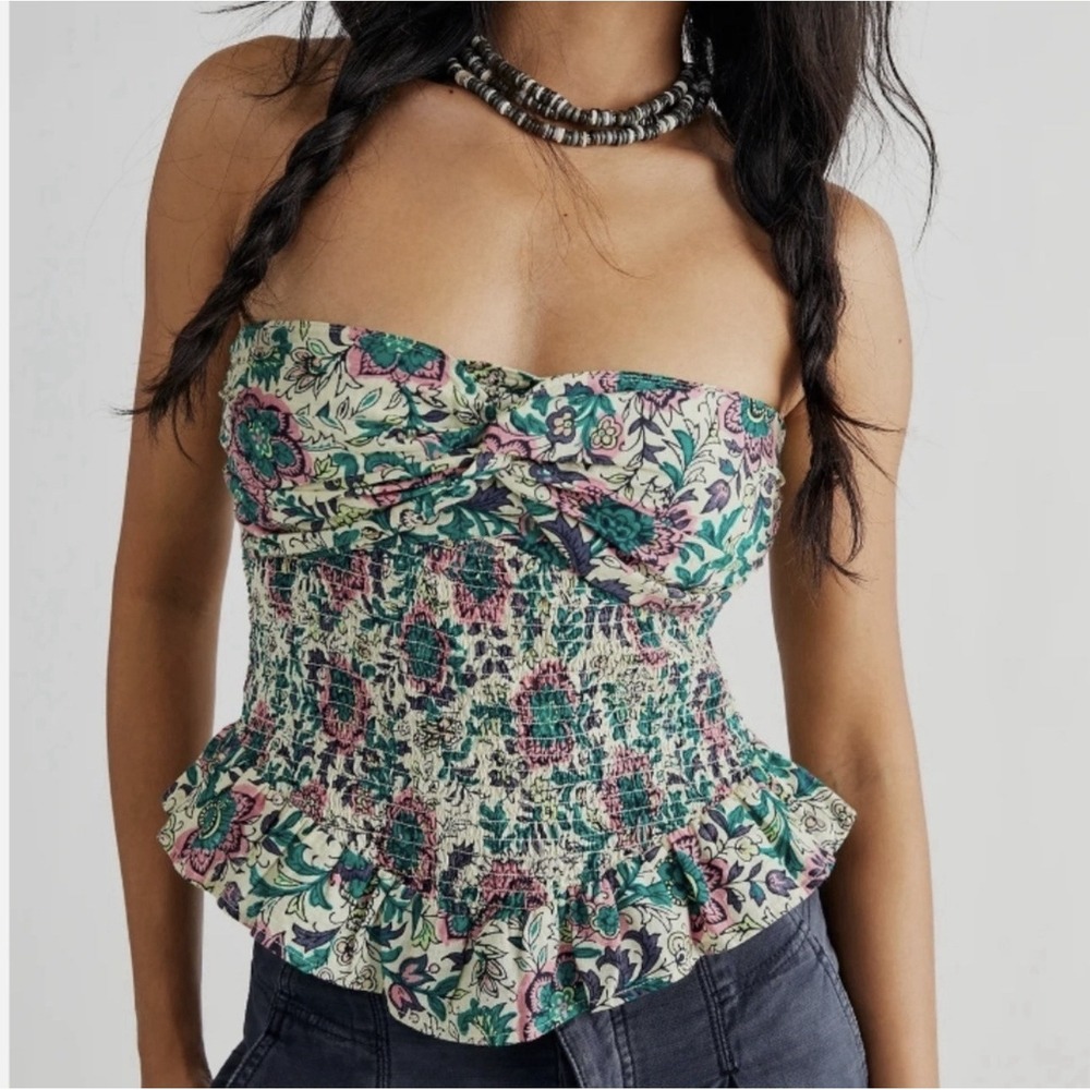 Free People One More Time Smocked Tube Crop Top Floral‎ Silicone Sz L OB1213368
